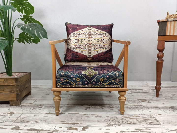 Anatolian Rocking Armchair, Wooden Upholstered Armchair With Natural Legs, Library Reading Rocking Armchair, Ottoman Wooden Armchair