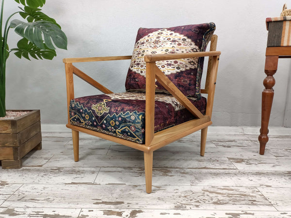 Handcrafted Upholstered Armchair with Bohemian Pattern - Elegant & Comfortable Chair for Home, Wooden Upholstered Armchair With Natural Legs