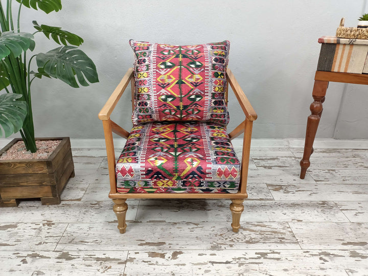 Bohemian Pattern Armchair Seat, Cocktail Ottoman Armchair, Upholstered Coffee Table Armchair, Kilim Pattern Ottoman Armchair with Storage