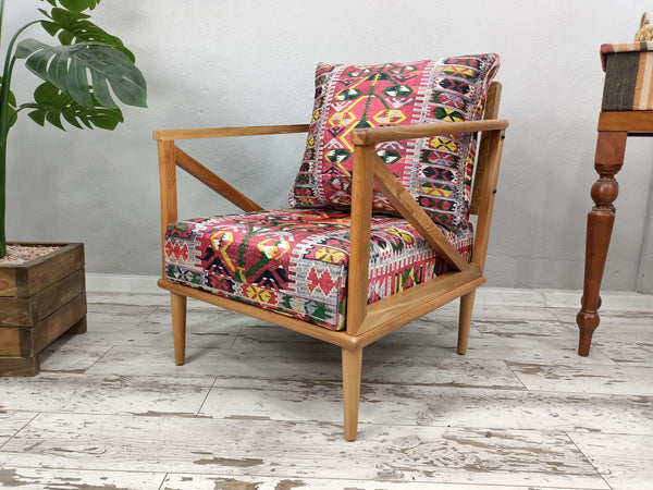 Comfortable Outdoor Reading Wooden Armchair, Rocking Armchair With Soft Fabric Upholstery, Woodworker Large Size Printed Armchair, Close-up of Bohemian Pattern Armchair Seat