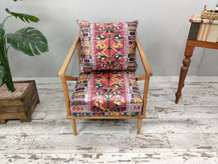 Woodworker Large Size Printed Armchair, Close-up of Bohemian Pattern Armchair Seat, Wooden Single Armchair for Bathroom, Classic Wood Leg Armchair