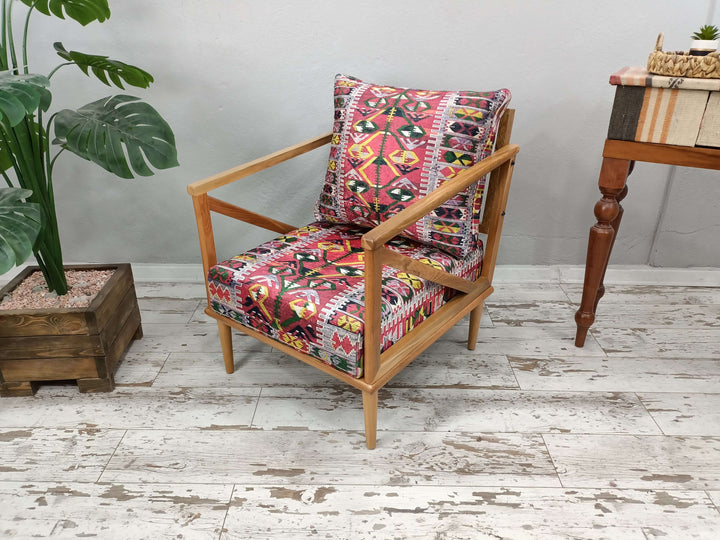 Mid Century Modern Upholstered Fabric Armchair, Wooden Armchair with Backrest, Pet Friendly Upholstered Armchair, Modern Armchair with Wooden Base