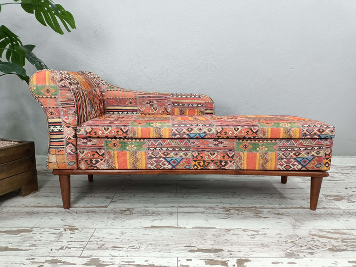 Oriental Printed Fabric Upholstered Ottoman Chaise Lounge, Dressing Table Set Chaise Lounge Ottoman Upholstered with Printed Rug Handmade Chaise Lounge
