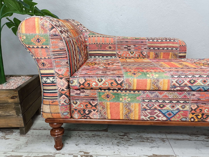 Chaise Lounge With Soft Fabric Upholstery, Woodworker Large Size Printed Chaise Lounge, Close-up of Bohemian Pattern Chaise Lounge Seat