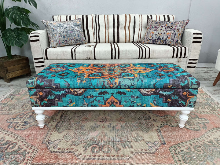 Oriental Printed Fabric Upholstered Ottoman Bench, Dressing Table Set Bench Ottoman Upholstered with Printed Rug Handmade Bench, Farmhouse Bench