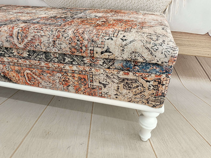 Long seat living room bench, Bench with arms, Oriental Printed Fabric Upholstered Ottoman Bench, Handmade Wood Work Upholstered Ottoman Bench, Ottoman bench