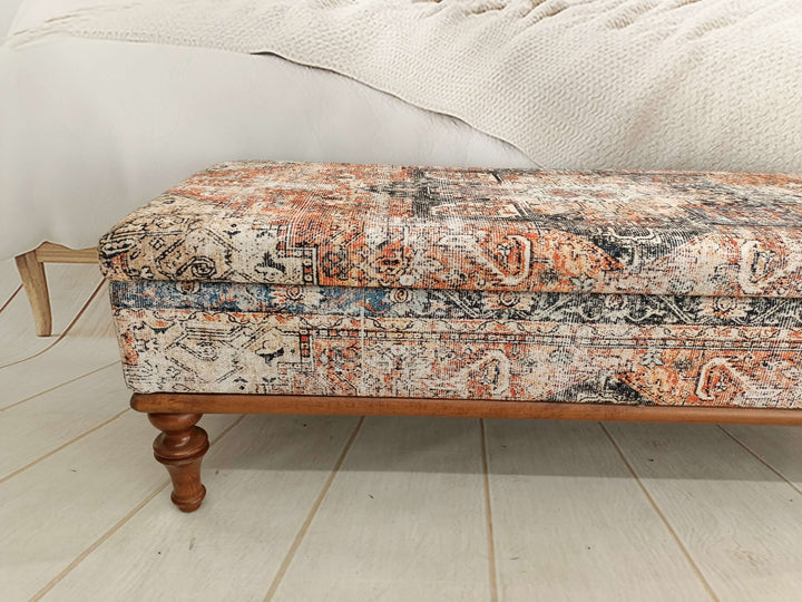 Anatolian Upholstered Wooden Footstool Bench, Contemporary Rectangular Stool, Living room storage ottoman, Turkish rug design ottoman Bench