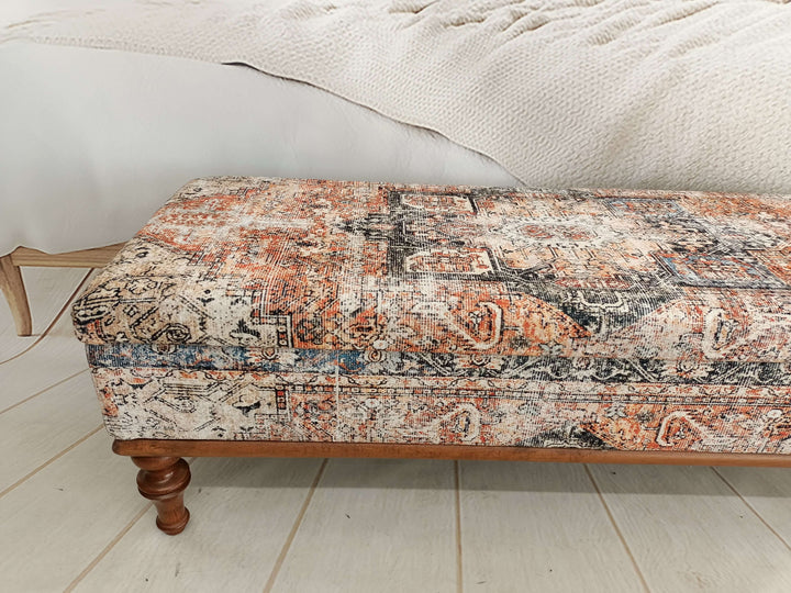 Ottoman Upholstered with Printed Rug Handmade Bench, Bench Front Of The Entrance Door, Reading bench, Storage bench, Dressing room bench